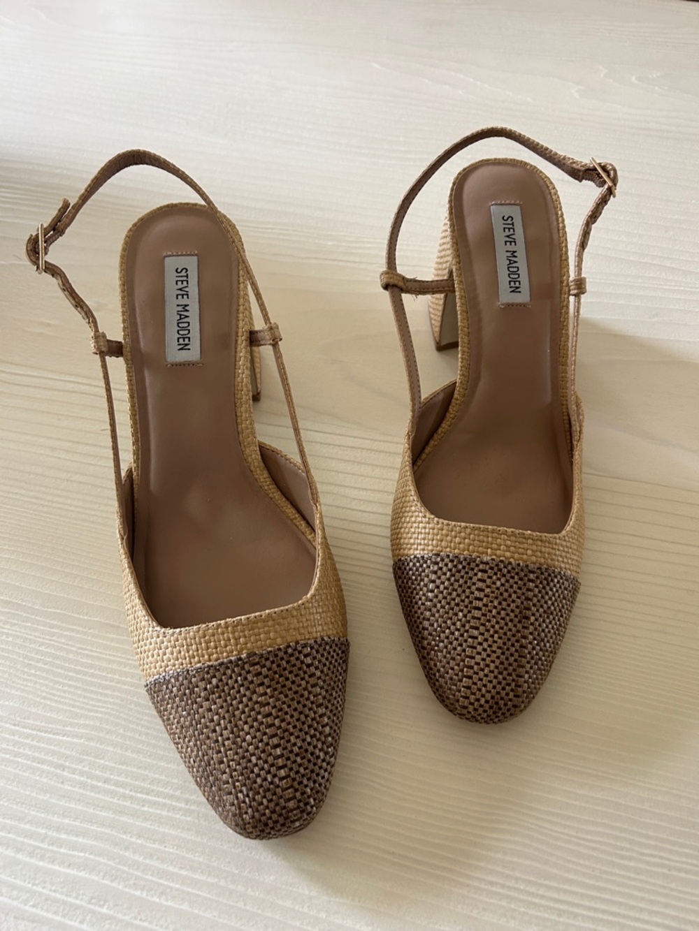 Steve Madden Two-Tone Woven Slingback Heels in Tan and Brown